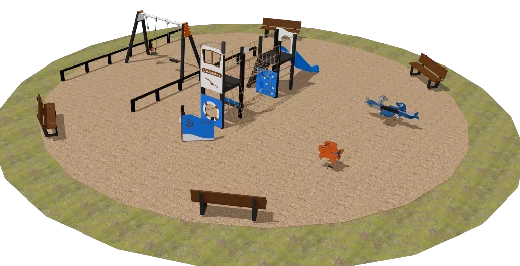 Rendu 3D d’une aire de jeux extérieure avec modélisation des équipements et de l’aménagement