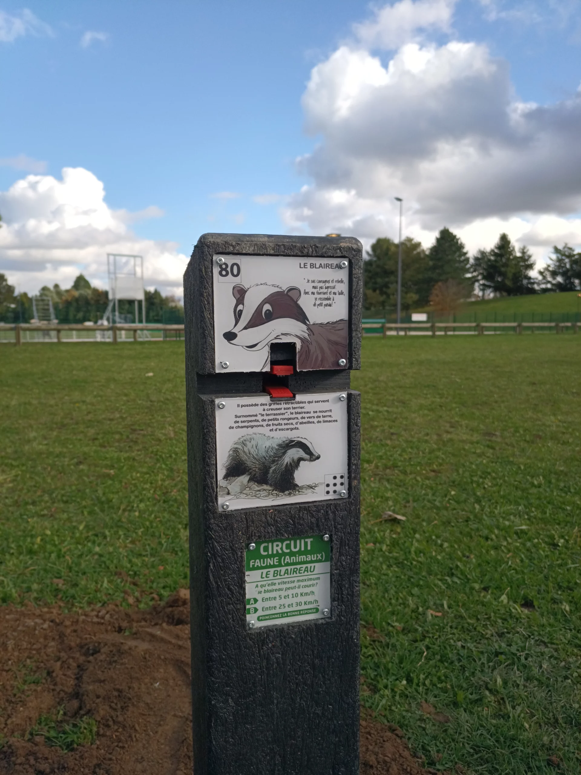 Poteau de course d’orientation avec figurine animal pour parcours d’orientation ludique destiné aux enfants