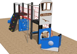 Aire de jeux extérieure L’Albatros avec toboggan, mur d’escalade et pont de corde pour enfants