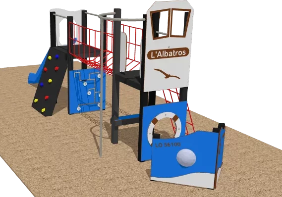 Aire de jeux extérieure L’Albatros avec toboggan, mur d’escalade et pont de corde pour enfants