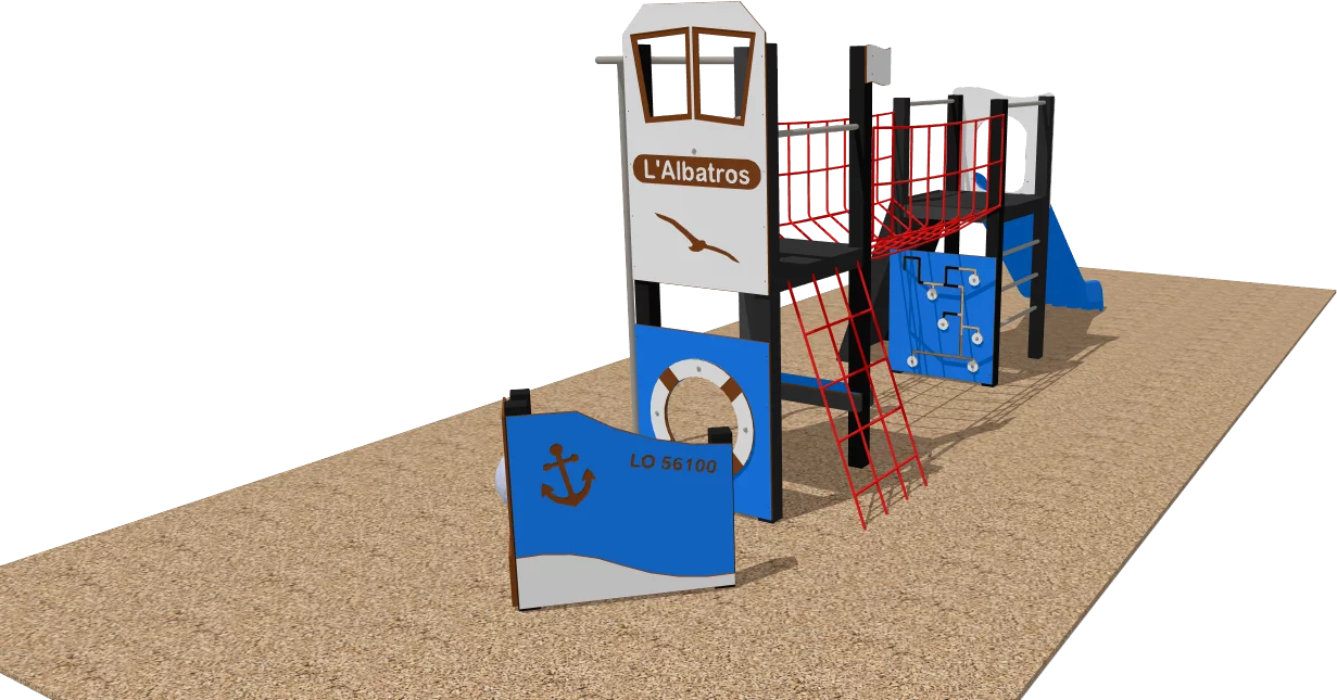 Aire de jeux extérieure L’Albatros avec toboggan, mur d’escalade et pont de corde pour enfants