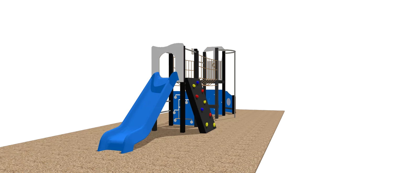 Aire de jeux extérieure L’Albatros avec toboggan, mur d’escalade et pont de corde pour enfants