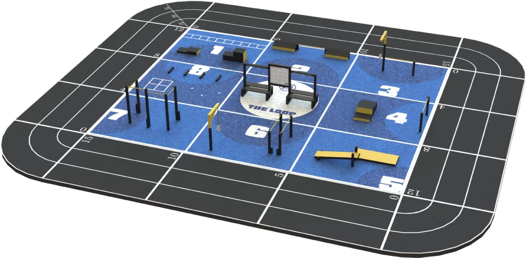 Parcours sportif extérieur THE LOOP L avec 8 stations fitness pour expérience immersive et entraînement intensif