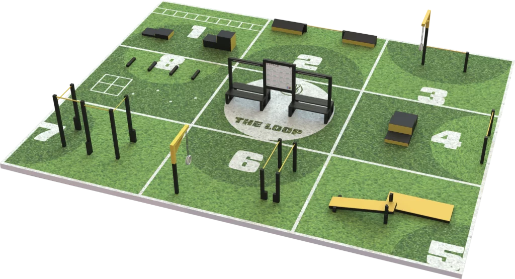 Parcours sportif extérieur THE LOOP L avec 8 stations fitness pour expérience immersive et entraînement intensif