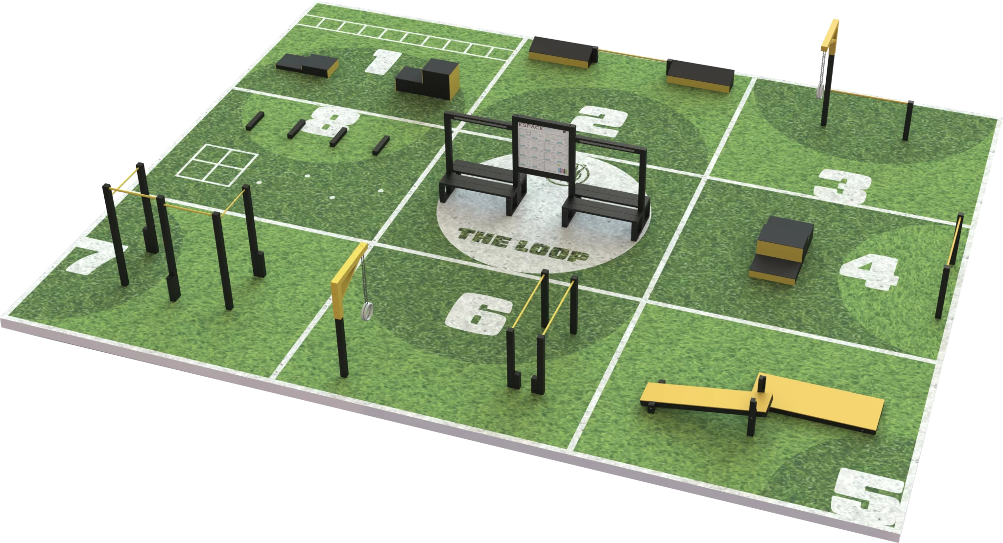 Parcours sportif extérieur THE LOOP L avec 8 stations fitness pour expérience immersive et entraînement intensif