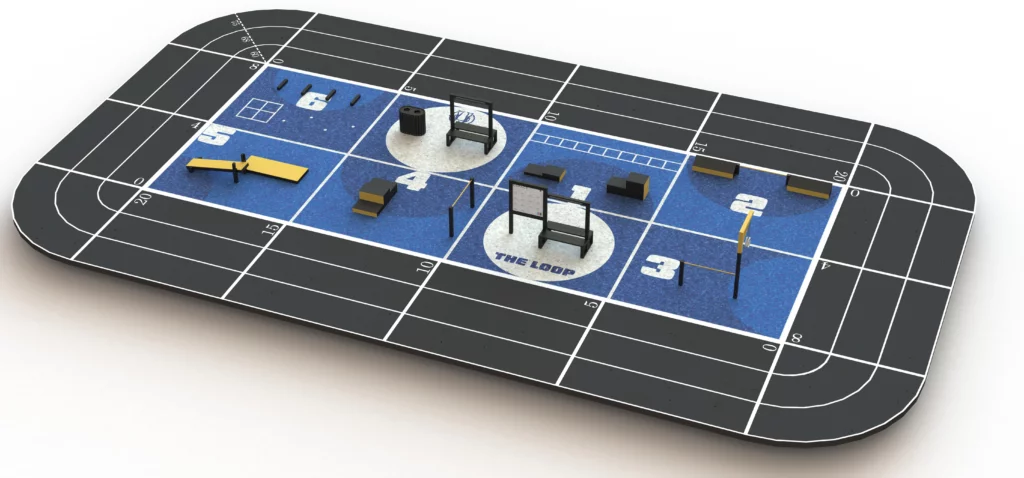 Espace sportif extérieur THE LOOP M avec 6 stations fitness pour un entrainement structuré en extérieur