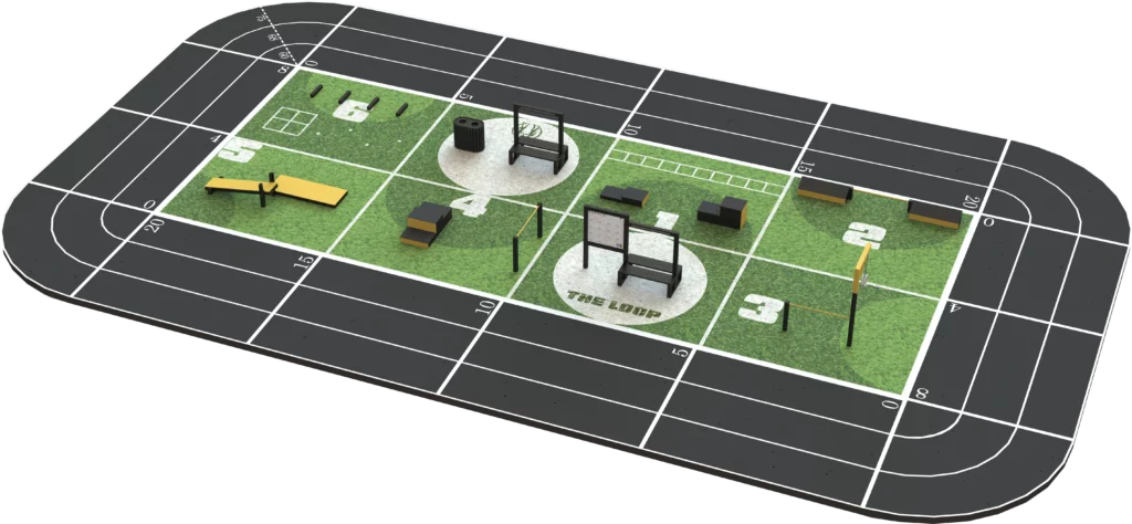 Espace sportif extérieur THE LOOP M avec 6 stations fitness pour un entrainement structuré en extérieur