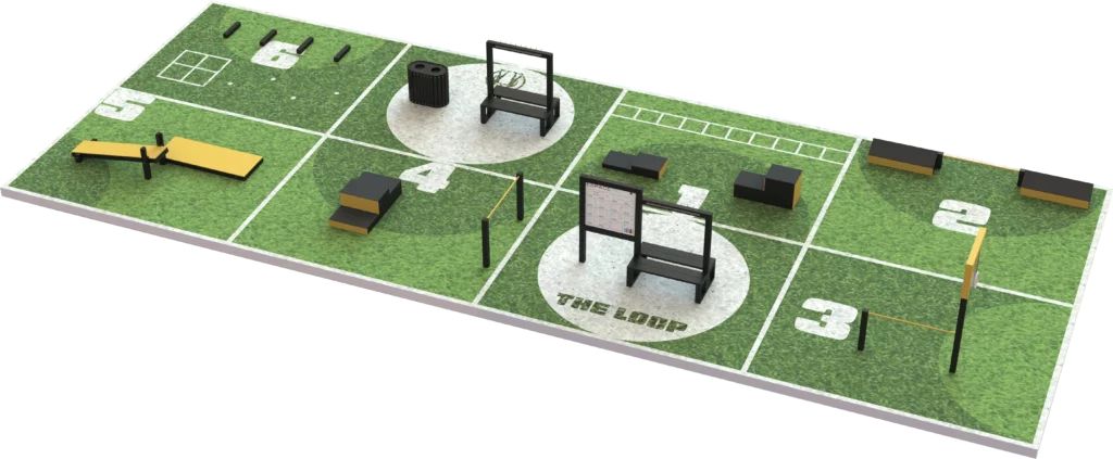 Espace sportif extérieur THE LOOP M avec 6 stations fitness pour un entrainement structuré en extérieur