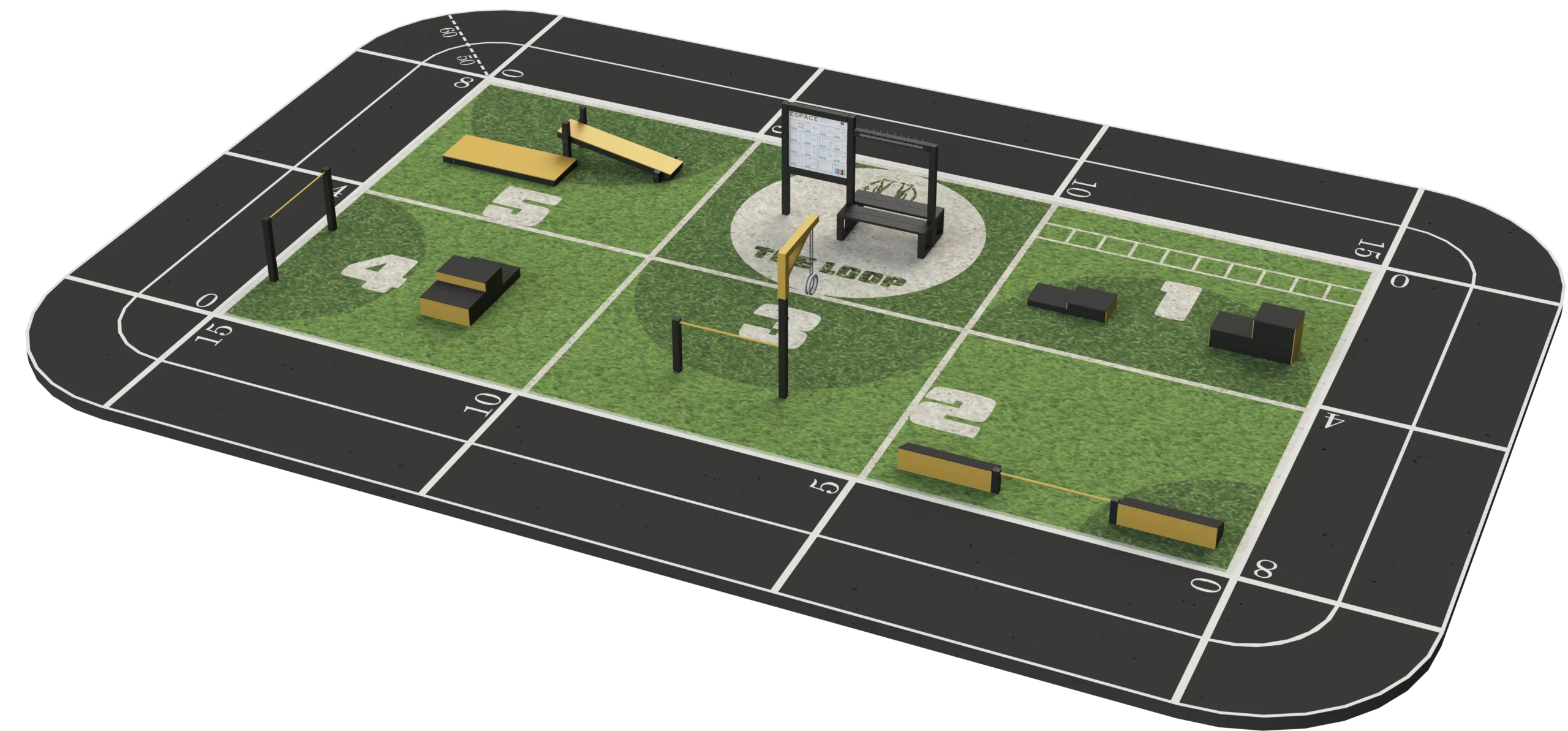 Espace fitness extérieur THE LOOP S avec 5 stations sportives modulables pour entraînement complet en plein air