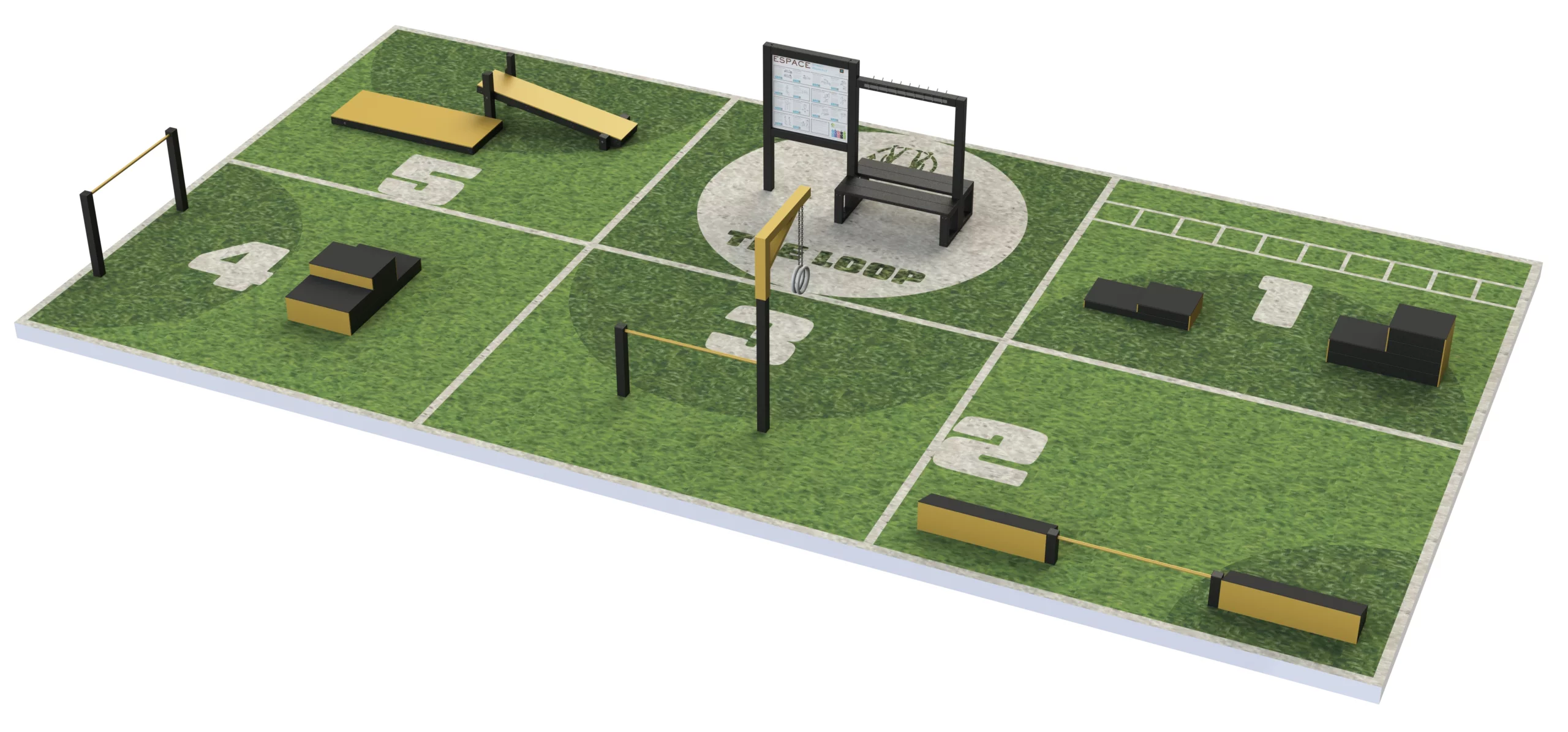 Espace fitness extérieur THE LOOP S avec 5 stations sportives modulables pour entraînement complet en plein air