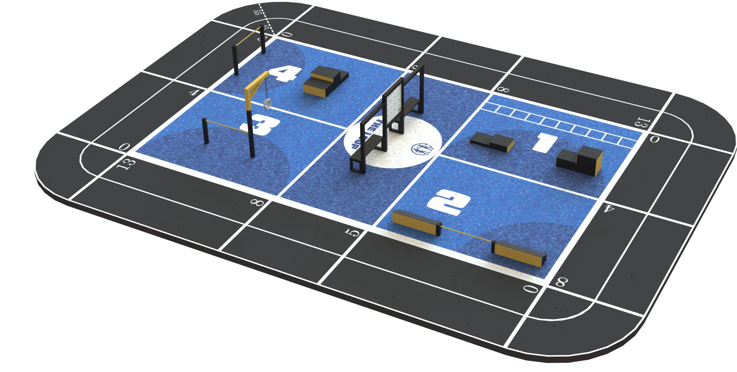 Espace sportif extérieur THE LOOP XS avec 4 stations fitness et sol actif en gazon synthétique pour entraînement accessible à tous