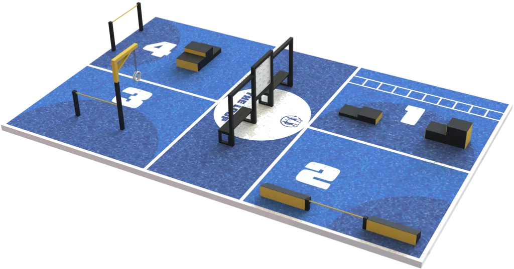 Espace sportif extérieur THE LOOP XS avec 4 stations fitness et sol actif en gazon synthétique pour entraînement accessible à tous