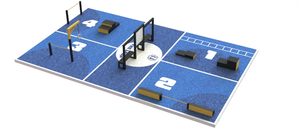 Espace sportif extérieur THE LOOP XS avec 4 stations fitness et sol actif en gazon synthétique pour entraînement accessible à tous