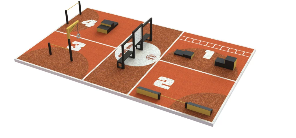Espace sportif extérieur THE LOOP XS avec 4 stations fitness et sol actif en gazon synthétique pour entraînement accessible à tous