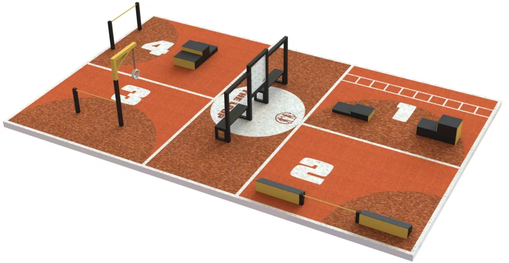 Espace sportif extérieur THE LOOP XS avec 4 stations fitness et sol actif en gazon synthétique pour entraînement accessible à tous