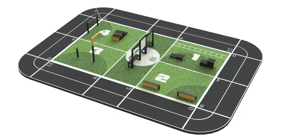 Espace sportif extérieur THE LOOP XS avec 4 stations fitness et sol actif en gazon synthétique pour entraînement accessible à tous